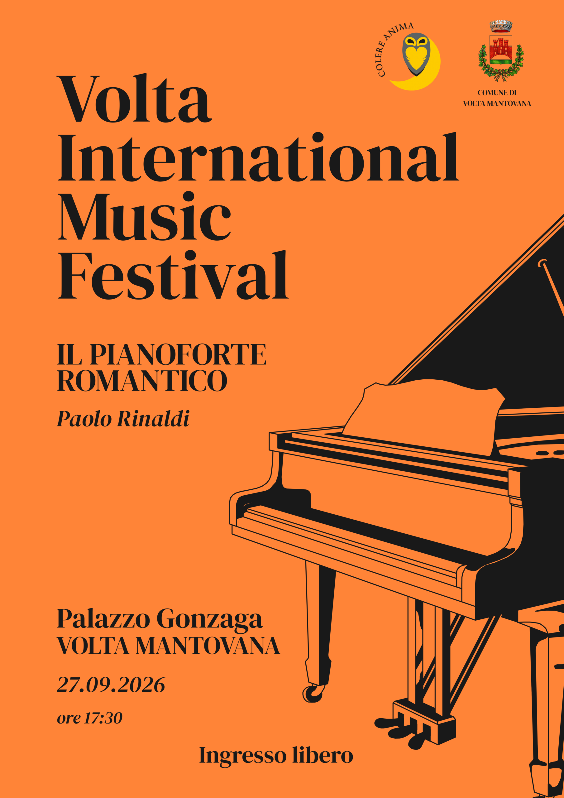 Locandina ufficiale dell'evento Volta International Music Festival: Il Pianoforte Romantico con Paolo Rinaldi a Palazzo Gonzaga, Volta Mantovana.